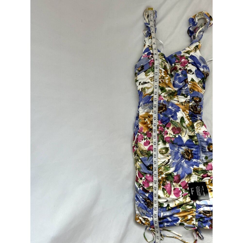 Lulu's Floral Ruched Mini Dress — Blue, Pink & Gold - Picture 11 of 11